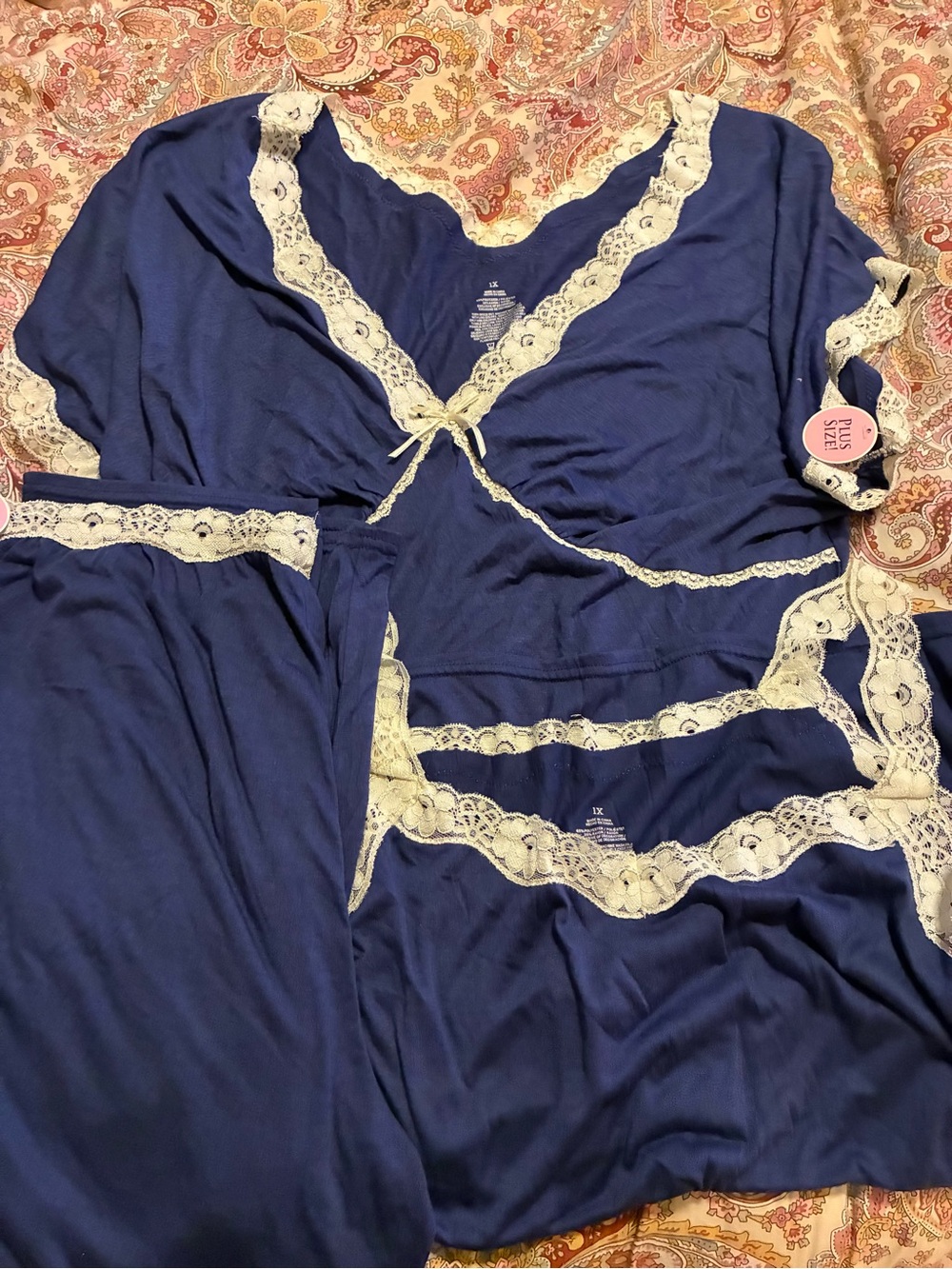 NWT Navy Women's Lace-Trim Pajama Set - V-Neck Lounge Top & Pants 3 piece set